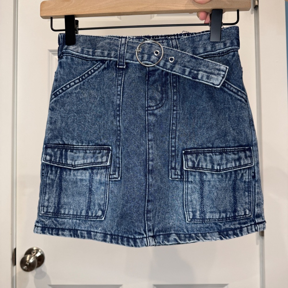 Justice Girls Denim Cargo Skort Acid Wash Blue Belted Mini Skirt Size 10